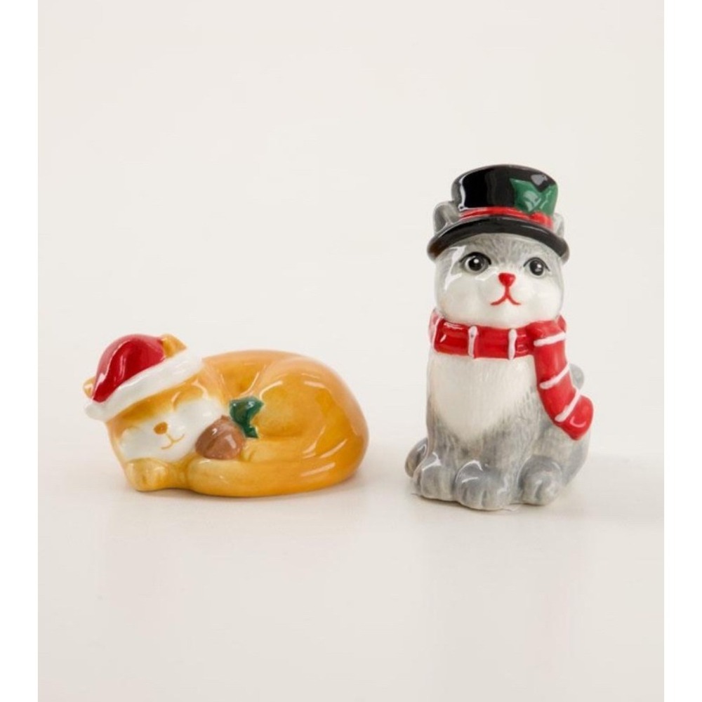 Cracker Barrel Mini Christmas Orange & Gray Cat Ceramic Salt and Pepper Shakers